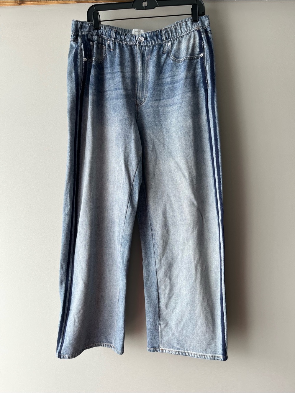 rag & bone Light Blue Wide-Leg Jeans with Navy Side Stripes